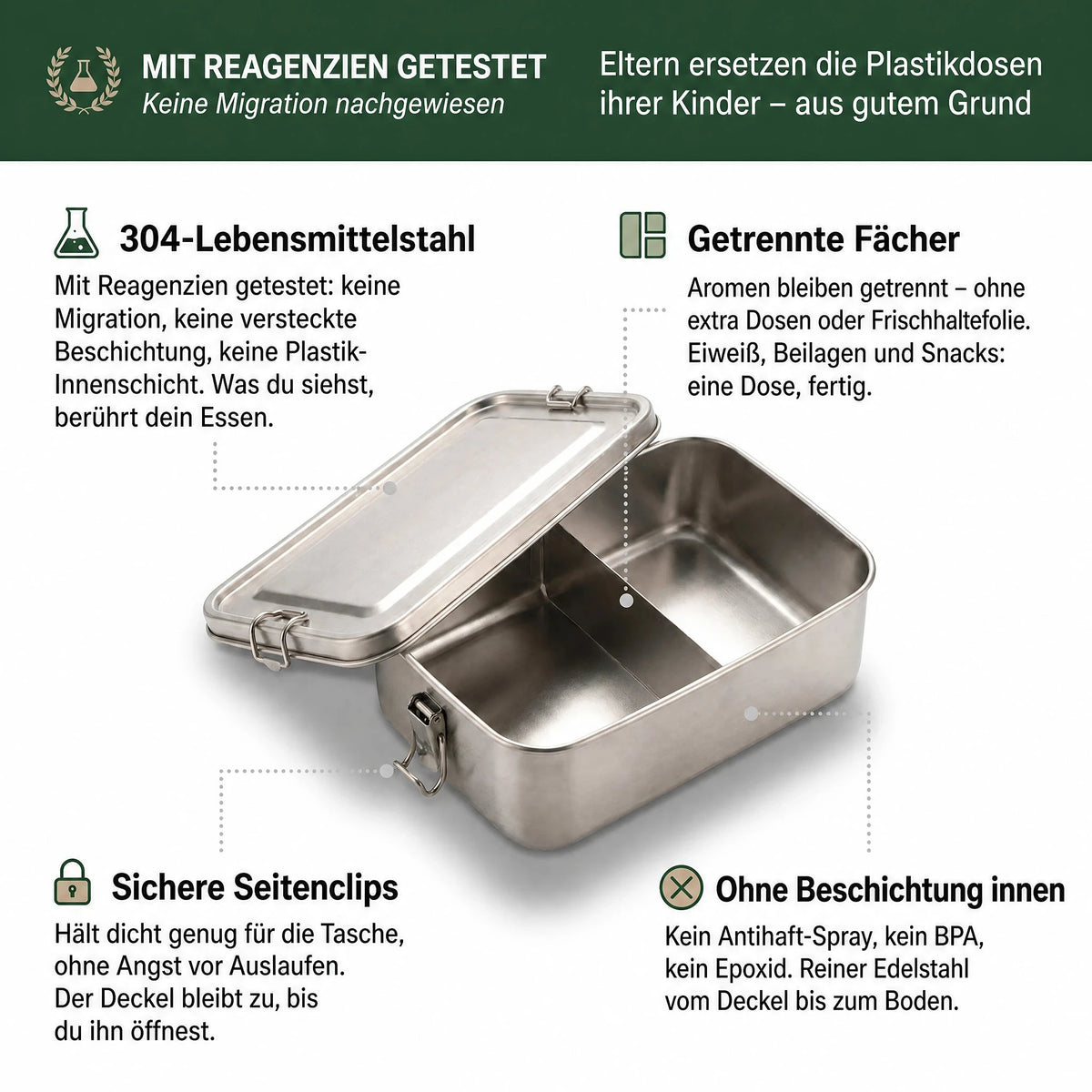 Edelstahl-Lunchbox: 304-Edelstahl, getrennte Fächer, Seitenclips